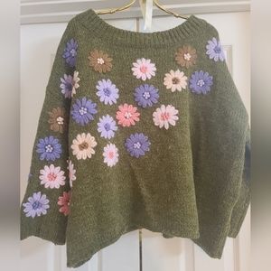 RAGA Green Sweater with Colorful Floral Accents